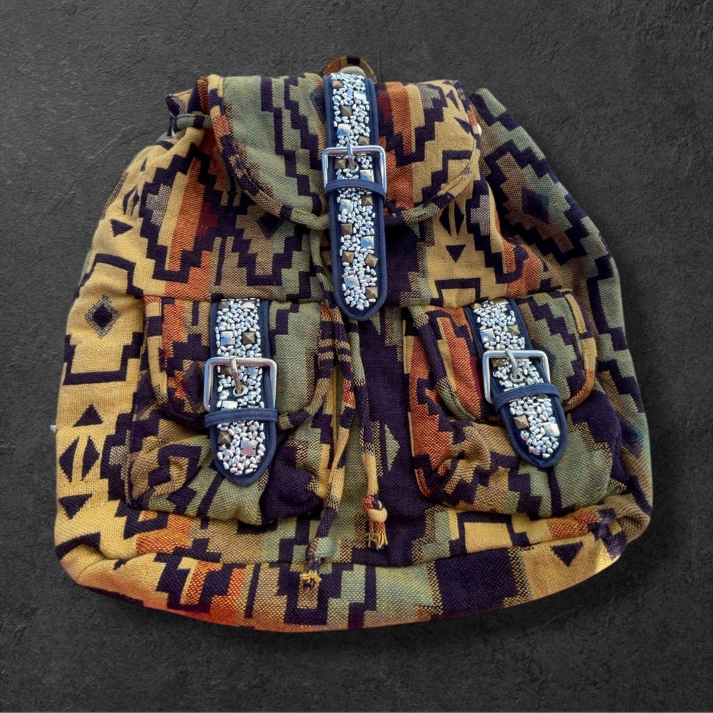 UO Urban Outfitters Southwest Western Aztec Stud Accent Drawstring Backpack Bag - Picture 2 of 13